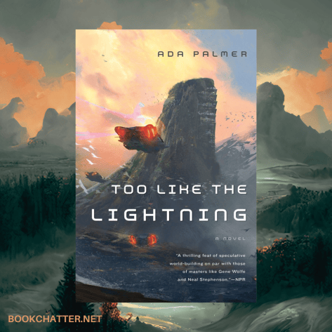 This Too The Lightning book cover. A spaceship hovering near a large rock structure. Dark clouds, apricot skies. 