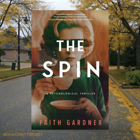 The Spin book cover. A blonde sipping a cup of coffee set against the backdrop of a neighborhood.